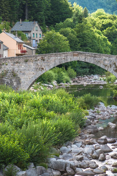 Beautiful village in Ardeche, Le Pont-de-Montvert, in France, bridge
