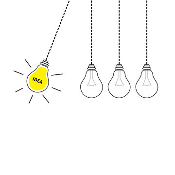 Perpetual motion. Hanging light bulb icon set. Switch on off lamp. Idea text. Shining effect. Dash line. Yellow color. Business success concept. Infographic. Flat design. White background. Isolated.