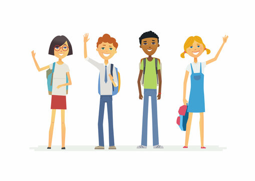 Happy standing schoolchildren with backpacks - cartoon people characters isolated illustration