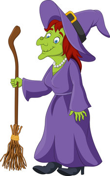 Cartoon witch holding broomstick