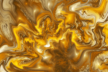 Abstract golden swirly texture. Fantasy fractal background in orange, yellow and brown colors. Digital art. 3D rendering.