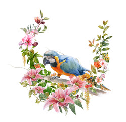 watercolor painting with bird and flowers, on white background