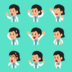 Cartoon female doctor faces showing different emotions