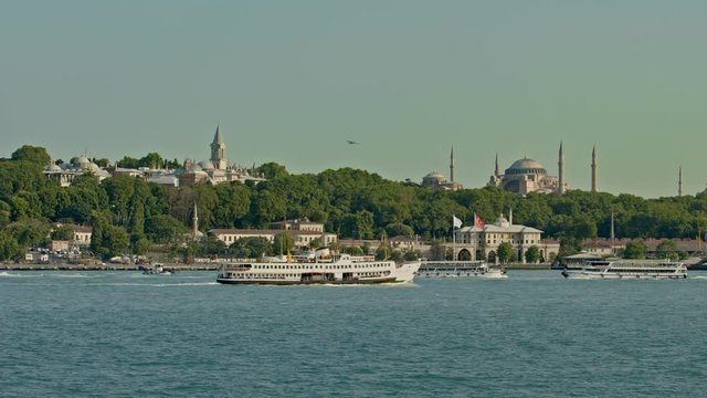 Iconic Istanbul view with Topkapi Palace and Hagia Sofia and the Boats
