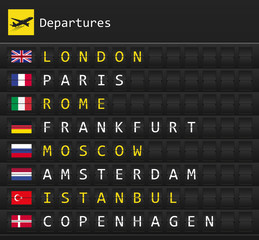 Airplane departures destination table board to major cities in Europe with national flags posted inside