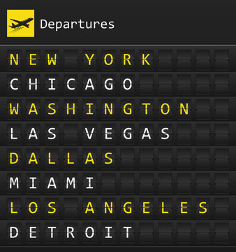 Airplane departures destination table board to major cities in the USA