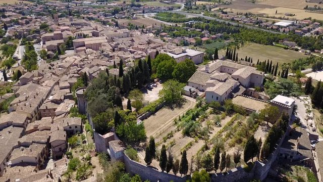 Spello, one of the most beautiful small town in Italy. Drone aerial view of the village