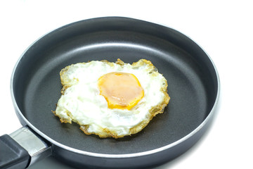 Fried eggs in pan with handle on isolate background.