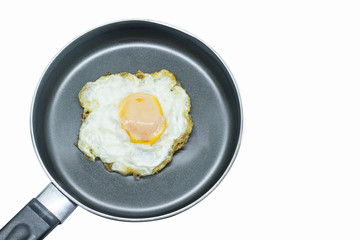 Fried eggs in pan with handle on isolate background.