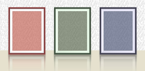 Fototapeta na wymiar Different types of photo frames on the wall with reflection- background template 