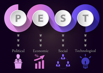 PEST Analysis spiral design with icons - project management template 