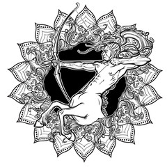 Sagittarius Zodiac sign with a decorative frame of sun flares and sunflower petals. Astrology concept art. Tattoo design. Gay Pinup style. Linear drawing isolated on white background. EPS10 vector