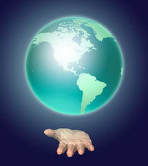 Human hand holds a planet earth. 3D image
