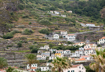 Fototapeta premium Fields and houses along west coast near Porto Moniz on Madeira Island. Portugal