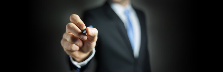 Panorama view of a businessman writing with a pen