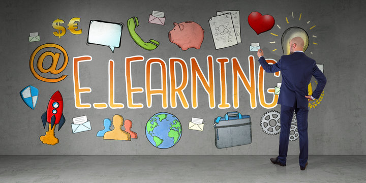 Businessman drawing e-learning sketch on a wall 3D rendering