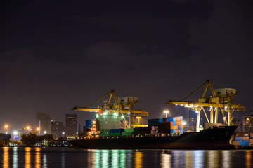 Fototapeta na wymiar Container loading by crane, cargo ship at shipping port at twilight, Logistics and transportation concept