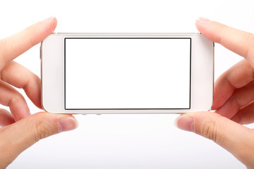 Hand and Smartphone on White Background