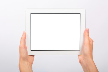 Tablet and Hands on White Background