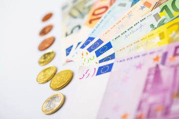 Closeup of banknotes and coins