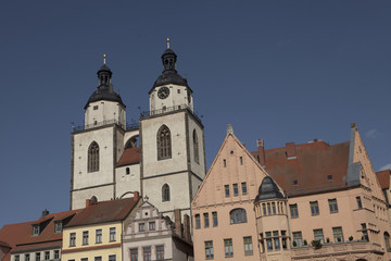 Wittenberg city of Reformation and Maarten Luther. Houses and church at square. Sachsen-Anhalt