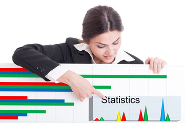 Female entrepreneur pointing on cardboard with statistics