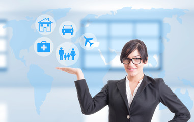 Female consultant showing different types of insurance