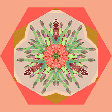 Food kaleidoscope with heart tomatos, asparagus and meat