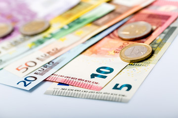 Closeup of banknotes and coins