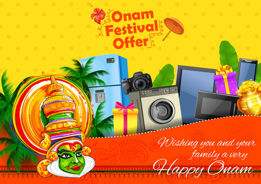 Kathakali dancer on advertisement and promotion background for Happy Onam festival of South India Kerala