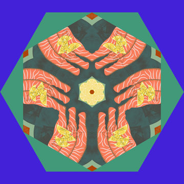 Food kaleidoscope with salmon, dill and sliced lemons