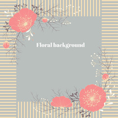 Floral background. Beautiful frame. Border. Vector illustration. Pink flowers. Leaves. Grass. Buds. Card. Bouquet. Strips.