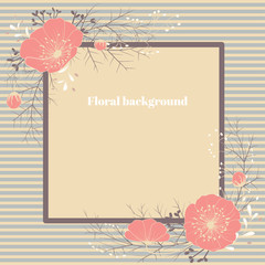 Floral background. Beautiful frame. Border. Vector illustration. Pink flowers. Leaves. Grass. Buds. Card. Bouquet. Strips.