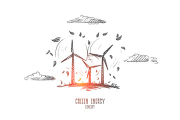 Green energy concept. Hand drawn wind turbine farm. Windmill as symbol of renewable, sustainable and alternative energy isolated vector illustration.