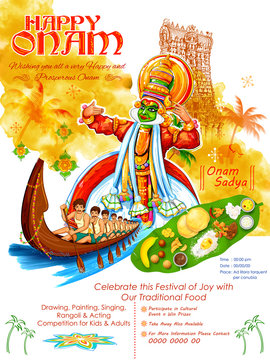 Kathakali dancer on background for Happy Onam festival of South India Kerala