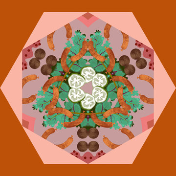 Food kaleidoscope with crayfish, cucumber and heart tomatoes