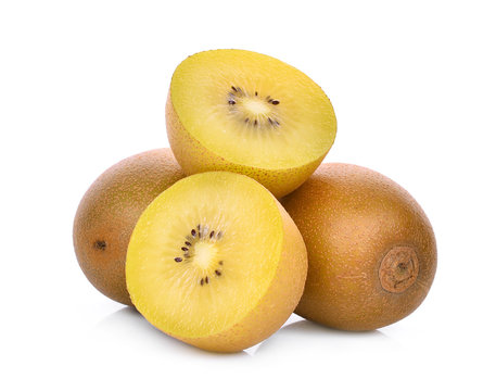whole and half of yellow or gold kiwi fruit isolated on white background