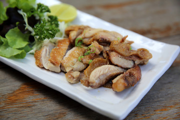Chicken teriyaki , Chicken grilled with salt on wood background , Japanese food