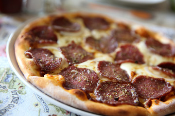 Pepperoni pizza , pizza with pepperoni mozzarella cheese and tomatoes with sauce background italian food