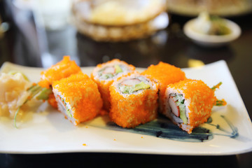 California roll sushi , Roll rice with egg seafood avocado , Japanese food