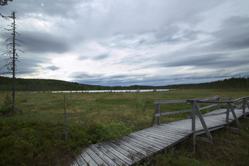 Fototapeta na wymiar Wooden trail into the mire at Faenstjaernen in Vaermland, Sweden
