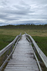 Wooden trail into the mire at Faenstjaernen in Vaermland, Sweden