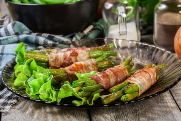 Green bean wrapped in smoked bacon