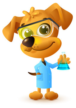 Yellow teacher dog holding flask. Chemistry lesson