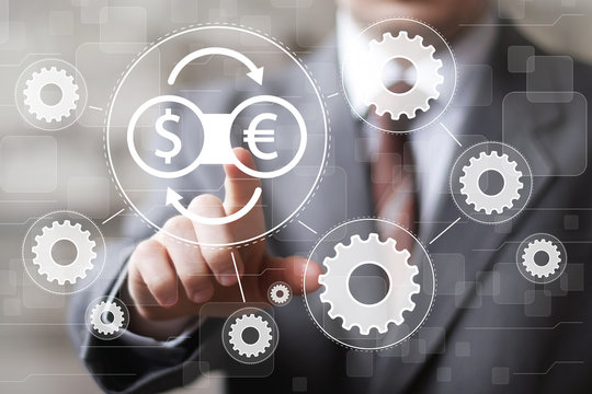 Businessman presses button currency exchange dollar eur gear engineering network interface