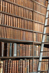 Old vintage books on wooden bookshelf and ladder in a library