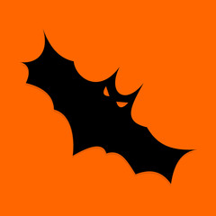 Halloween Flying Bat. Black icon on orange background. Vector illustration