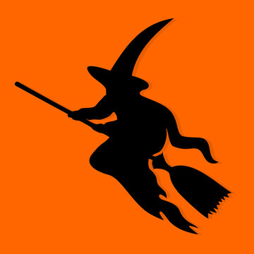Halloween Witch. Black icon on orange background. Vector illustration