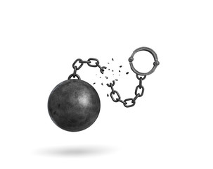 3d rendering of an isolated ball and chain broken in half with a detached shackle.