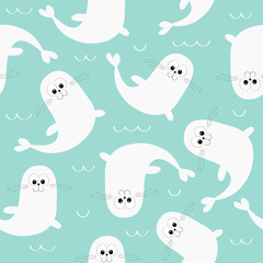 Seamless Pattern. White sea lion. Harp seal pup. Cute cartoon character. Happy animal collection. Sea ocean water wave. Wrapping paper, textile template. Blue background. Flat design
